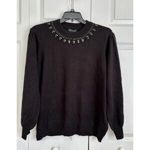 WOMEN'S BLACK JEWELED SWEATER CREW NECK LONG SLEEVE KNIT SIZE 2X G GREIGE
